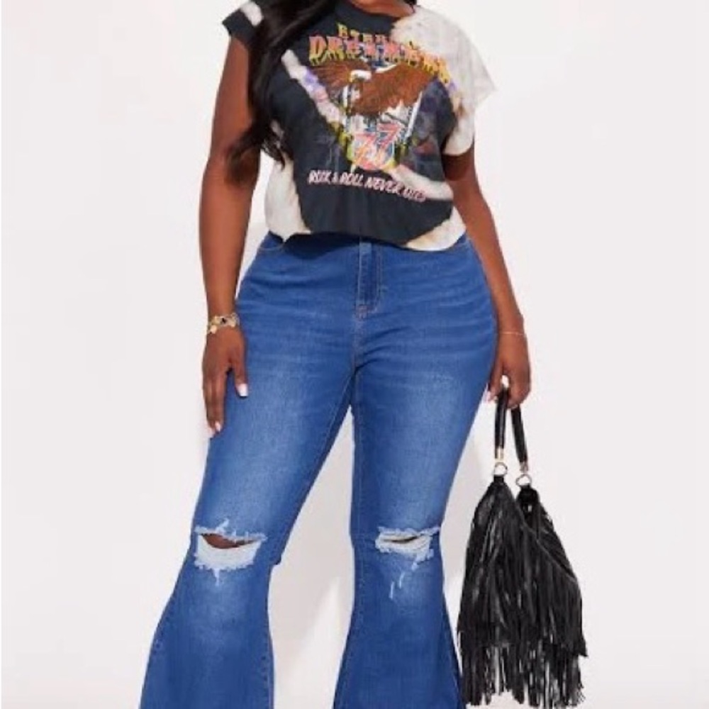 Blue Distressed Bell Bottom Flare Jeans